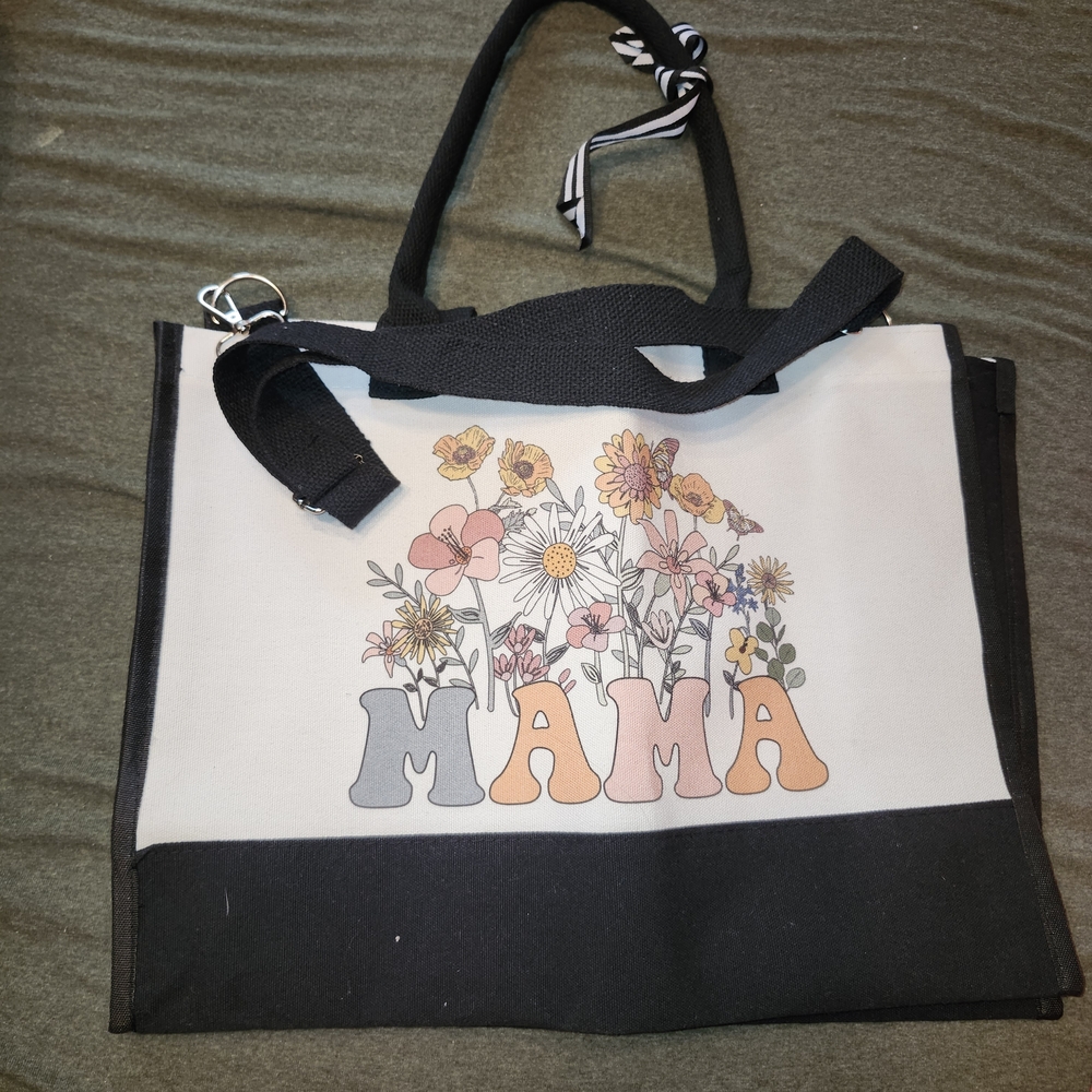 Mama Floral Canvas Tote Bag in Black and White
